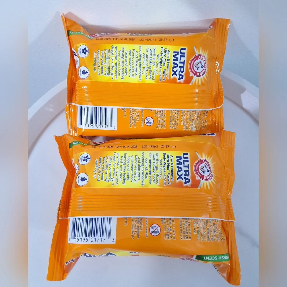Arm & Hammer Ultra Max Advanced Odor Control Face & Body Wipes, Bundle Of 2, NEW